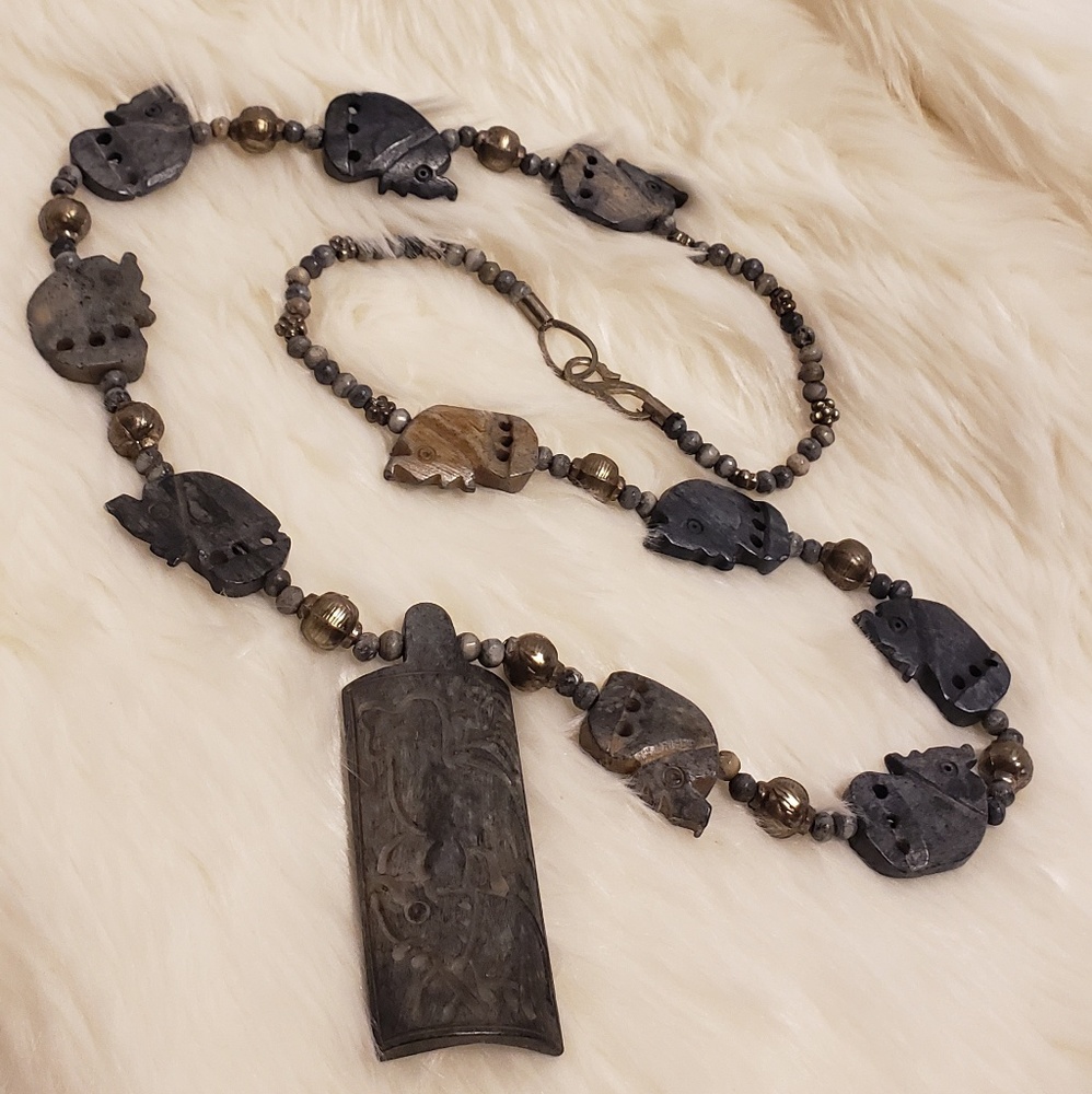 Hand Carved Elephant Statement Necklace.